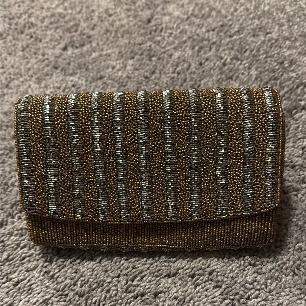 Anthropologie Brown and Silver Beaded Clutch